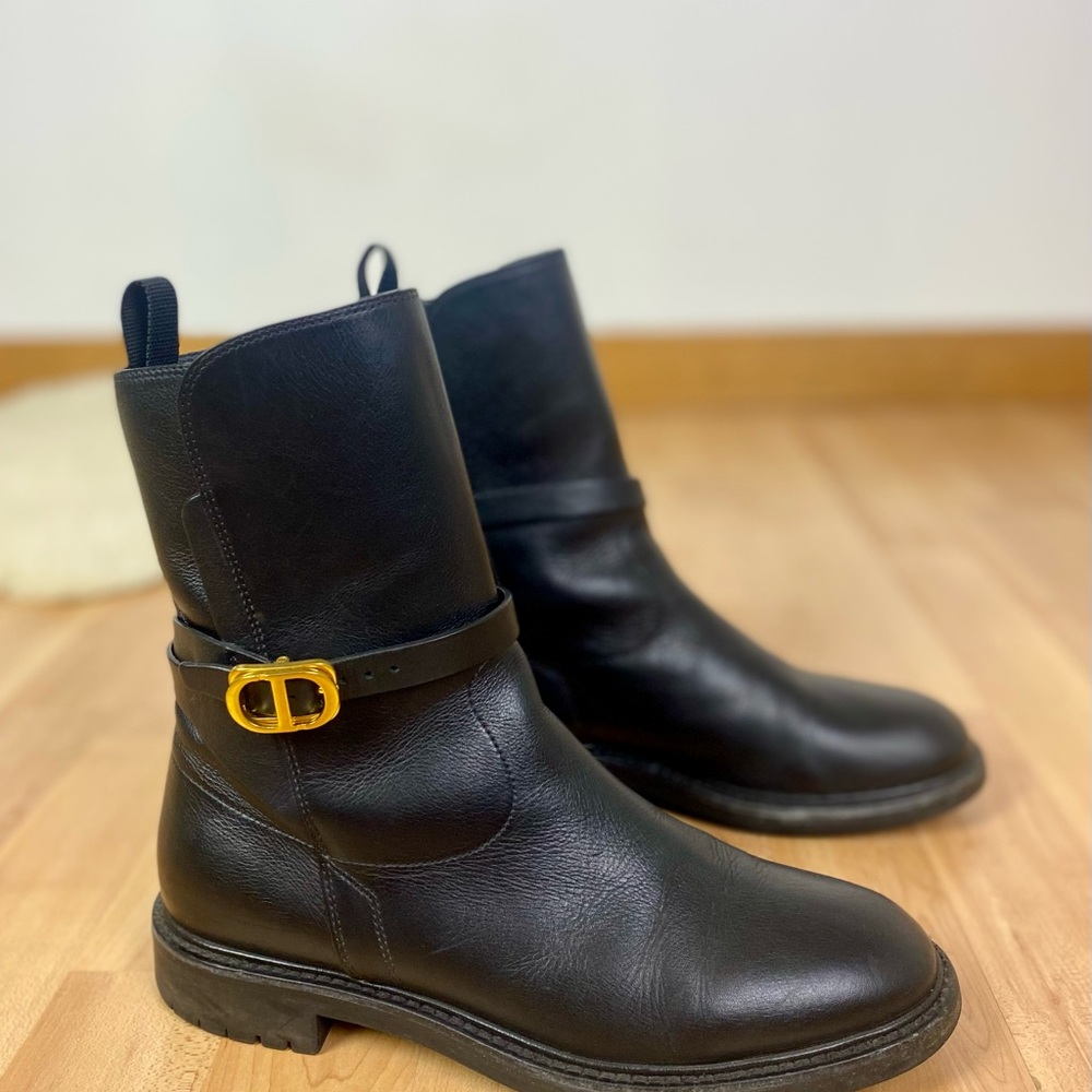 Dior Black Leather Moto Boots with Gold Buckle